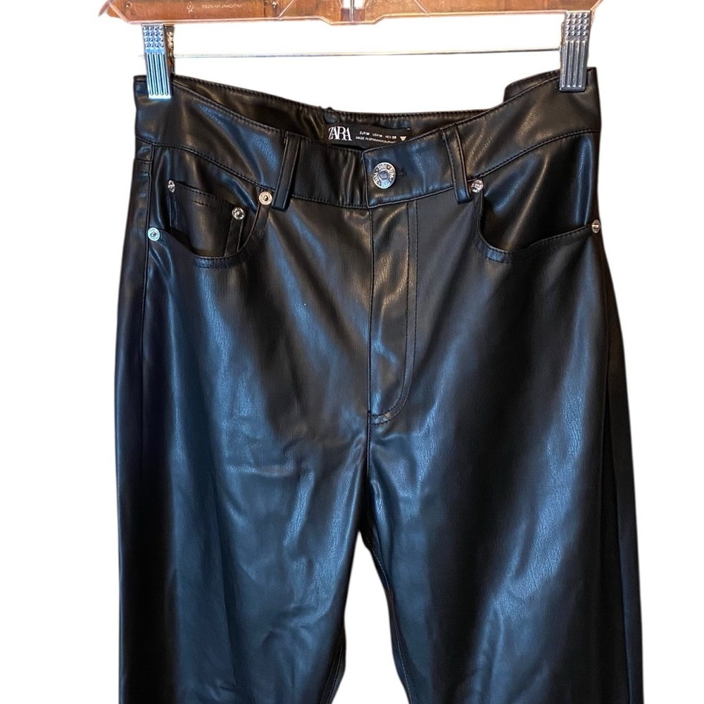 ZARA Black Faux Leather 90s Straight Leg Pants High Rise NWT Medium - Picture 7 of 9